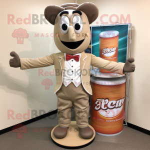Tan Soda Can mascot costume character dressed with a Henley Tee and Bow ties