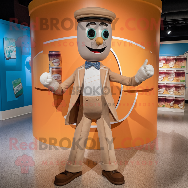 Tan Soda Can mascot costume character dressed with a Henley Tee and Bow ties Tan Soda Can mascot costume character dressed with a Henley Tee and Bow ties