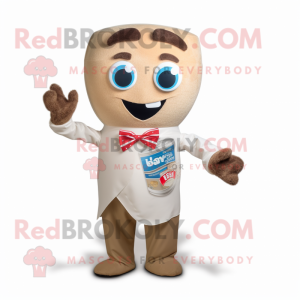 Tan Soda Can mascot costume character dressed with a Henley Tee and Bow ties