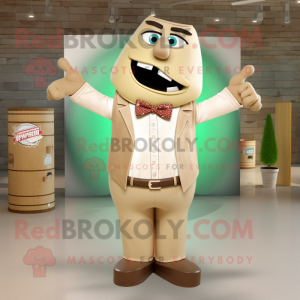 Tan Soda Can mascot costume character dressed with a Henley Tee and Bow ties