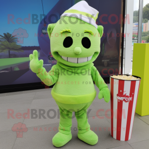 Lime Green Pop Corn mascot costume character dressed with a Romper and Beanies