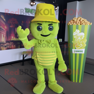 Lime Green Pop Corn mascot costume character dressed with a Romper and Beanies