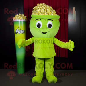 Lime Green Pop Corn mascot costume character dressed with a Romper and Beanies