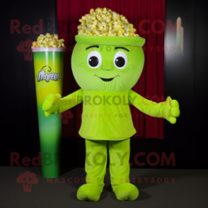 Lime Green Pop Corn mascot costume character dressed with a Romper and Beanies