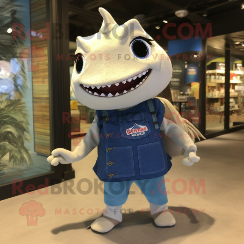 Cream Barracuda mascot costume character dressed with a Denim Shorts and Backpacks