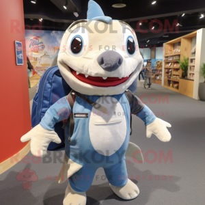 Cream Barracuda mascot costume character dressed with a Denim Shorts and Backpacks