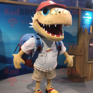 Cream Barracuda mascot costume character dressed with a Denim Shorts and Backpacks