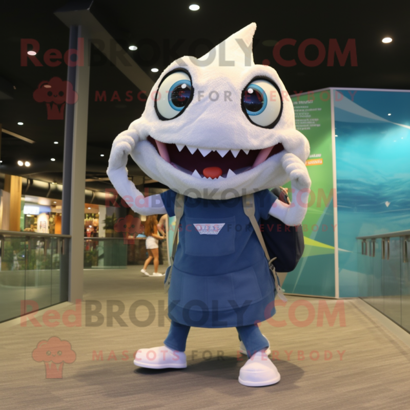 Cream Barracuda mascot costume character dressed with a Denim Shorts and Backpacks