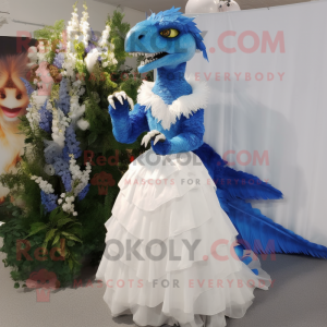 Blue Utahraptor mascot costume character dressed with a Wedding Dress and Bracelets