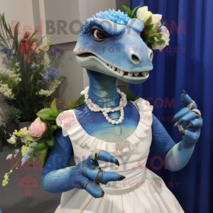 Blue Utahraptor mascot costume character dressed with a Wedding Dress and Bracelets