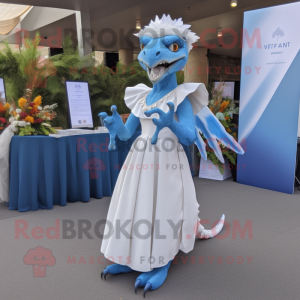 Blue Utahraptor mascot costume character dressed with a Wedding Dress and Bracelets