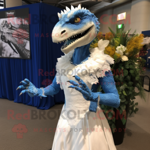 Blue Utahraptor mascot costume character dressed with a Wedding Dress and Bracelets
