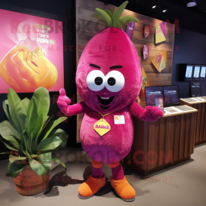 Magenta Mango mascot costume character dressed with a Shorts and Lapel pins