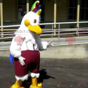 Mascotte d'oiseau de poule blanche avec une crête colorée -