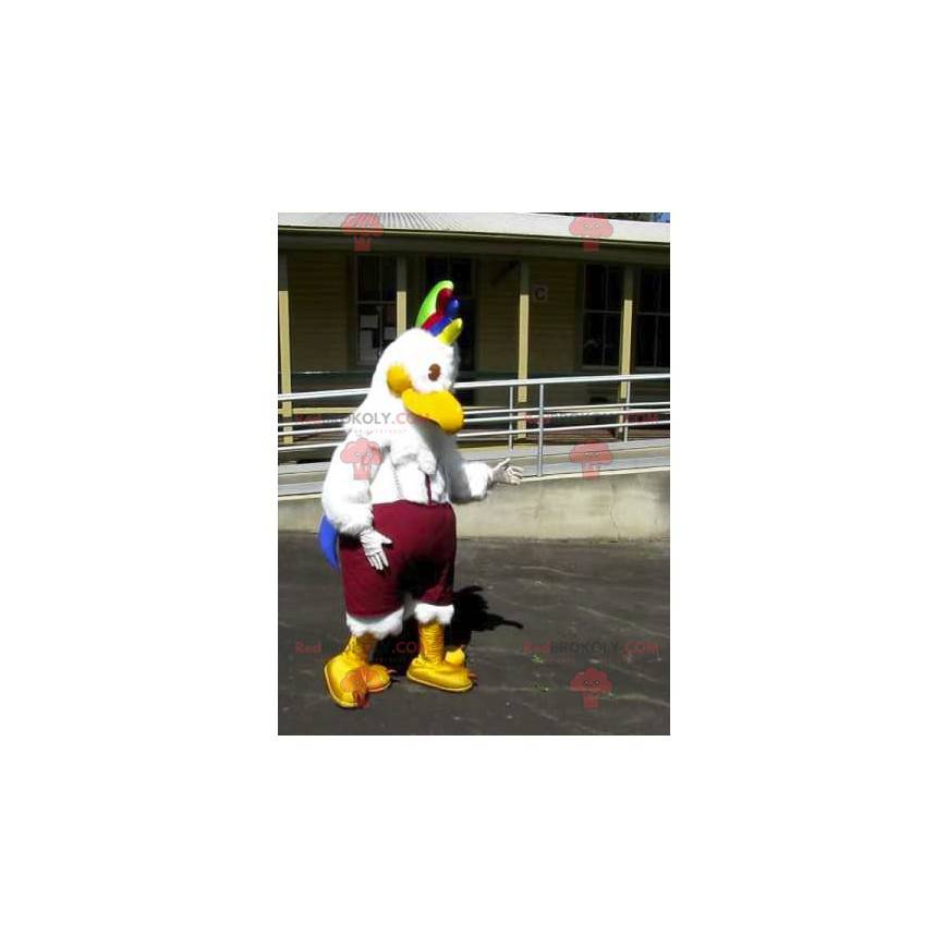 Mascota de pájaro gallina blanca con una cresta colorida -