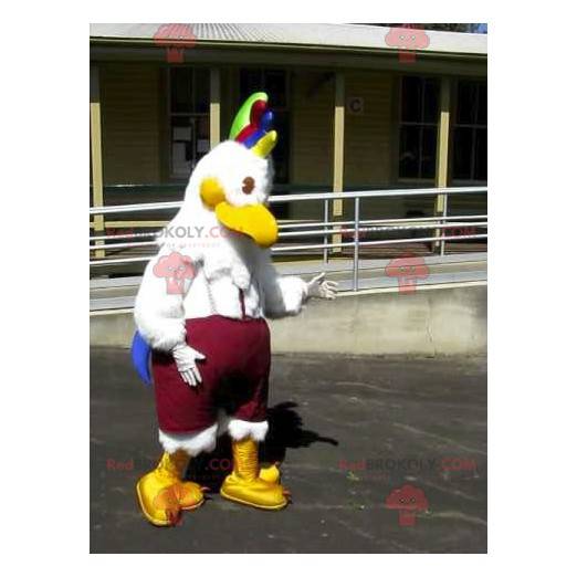 Mascota de pájaro gallina blanca con una cresta colorida -