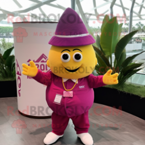 Magenta Mango mascot costume character dressed with a Shorts and Lapel pins