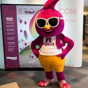 Magenta Mango mascot costume character dressed with a Shorts and Lapel pins