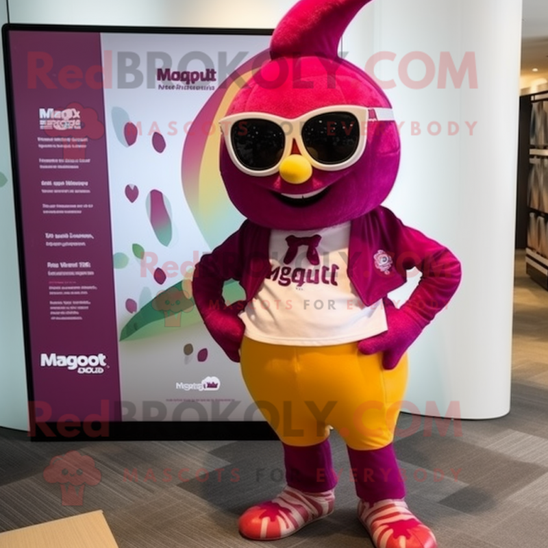 Magenta Mango mascot costume character dressed with a Shorts and Lapel pins