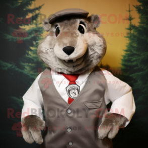 Gray Beaver mascot costume character dressed with a Vest and Tie pins