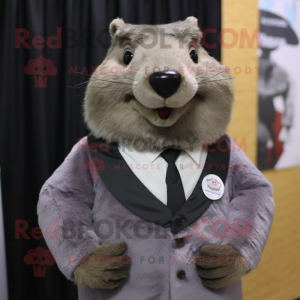 Gray Beaver mascot costume character dressed with a Vest and Tie pins