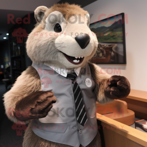 Gray Beaver mascot costume character dressed with a Vest and Tie pins