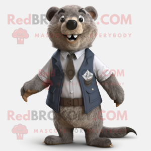 Gray Beaver mascot costume character dressed with a Vest and Tie pins