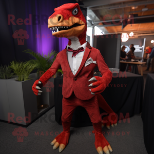 Red Deinonychus mascot costume character dressed with a Bodysuit and Pocket squares