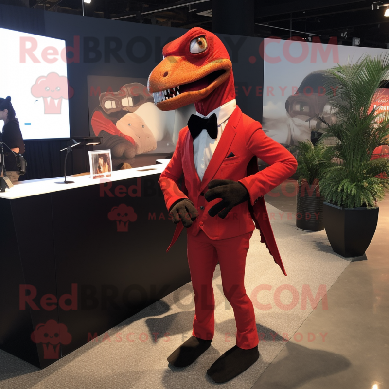 Red Deinonychus mascot costume character dressed with a Bodysuit and Pocket squares