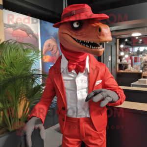 Red Deinonychus mascot costume character dressed with a Bodysuit and Pocket squares