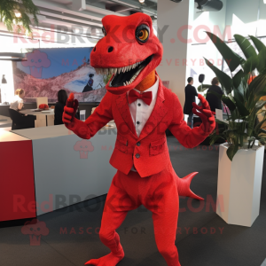 Red Deinonychus mascot costume character dressed with a Bodysuit and Pocket squares