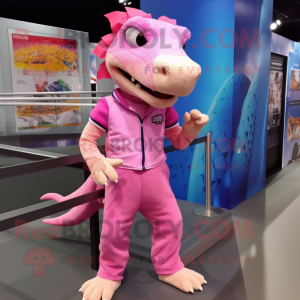 Pink Lizard mascot costume character dressed with a Bermuda Shorts and Hairpins