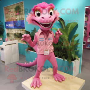 Pink Lizard mascot costume character dressed with a Bermuda Shorts and Hairpins