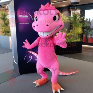 Pink Lizard mascot costume character dressed with a Bermuda Shorts and Hairpins