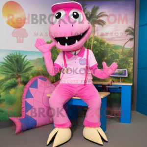 Pink Lizard mascot costume character dressed with a Bermuda Shorts and Hairpins