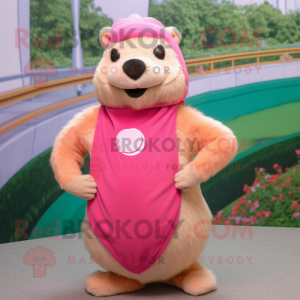 Pink Marmot mascot costume character dressed with a Tank Top and Scarf clips