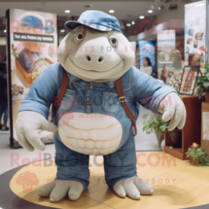 White Glyptodon mascot costume character dressed with a Denim Shirt and Anklets