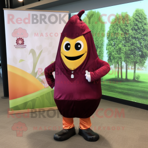 Maroon Mango mascot costume character dressed with a Dress Pants and Headbands