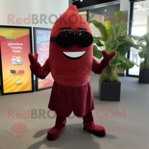 Maroon Mango mascot costume character dressed with a Dress Pants and Headbands