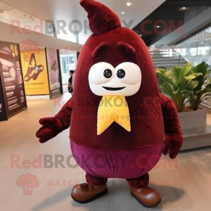 Maroon Mango mascot costume character dressed with a Dress Pants and Headbands