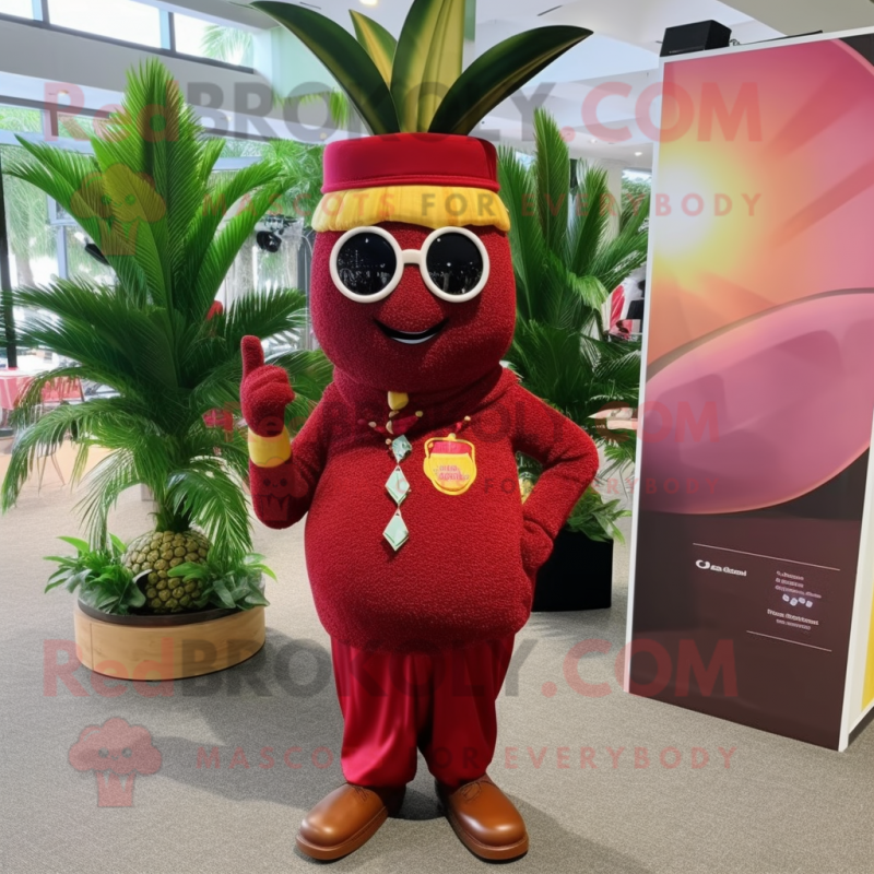 Maroon Mango mascot costume character dressed with a Dress Pants and Headbands