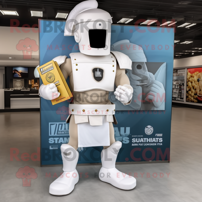 White Spartan Soldier mascot costume character dressed with a Graphic Tee and Clutch bags