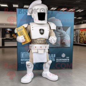 White Spartan Soldier mascot costume character dressed with a Graphic Tee and Clutch bags