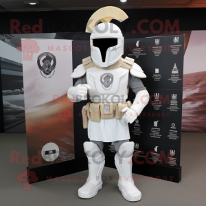 White Spartan Soldier mascot costume character dressed with a Graphic Tee and Clutch bags