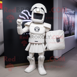 White Spartan Soldier mascot costume character dressed with a Graphic Tee and Clutch bags