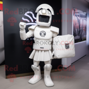 White Spartan Soldier mascot costume character dressed with a Graphic Tee and Clutch bags