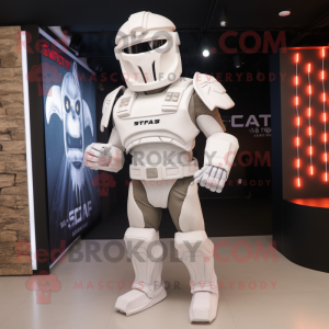 White Spartan Soldier mascot costume character dressed with a Graphic Tee and Clutch bags