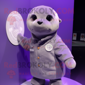 Lavender Seal mascot costume character dressed with a Parka and Lapel pins