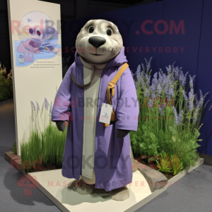 Lavender Seal mascot costume character dressed with a Parka and Lapel pins