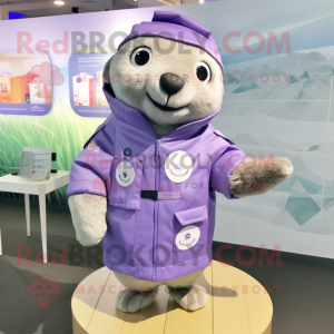 Lavender Seal mascot costume character dressed with a Parka and Lapel pins
